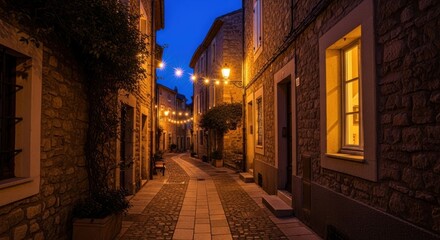 Naklejka premium Narrow, stone-walled alleyway at dusk, lit by string lights and lampposts