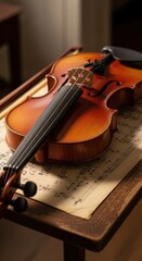 Fototapeta premium Violin resting on sheet music, capturing the essence of musical artistry.