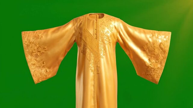 3D Animated Golden Nigerian Agbada Robe with Intricate Embroidery Rotating on Green Screen