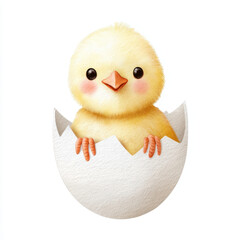 Cute yellow chick with fluffy feathers and pink cheeks hatching from white eggshell on farm, isolated on white background, symbolizing spring, innocence and new beginnings