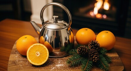 Sleek stainless steel teapot sits beside fresh oranges and pine cones on a wooden board near a fireplace
