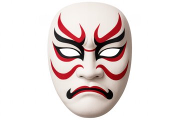Kabuki mask representing strong kumadori makeup on a transparent background