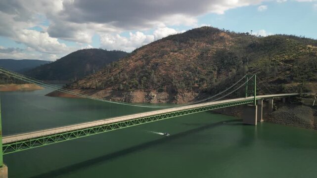 Aerial over Bidwell Bar Bridge over Lake Oroville in north California in summer