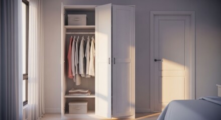 Fototapeta premium White wardrobe open in sunlit bedroom