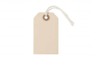 Blank beige retail price tag with string and eyelet, empty vintage brown paper label for merchandise, transparent background