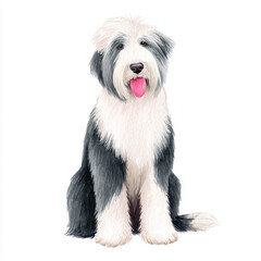 Watercolor sheepdog sitting with tongue out, fluffy fur, black and white coat, isolated on white background, friendly and calm expression, farmhouse pet illustration