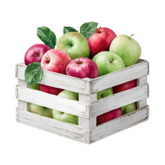 Fresh farm apples in rustic wooden crate with green leaves, showcasing mix of red and green fruit, perfect for harvest, organic produce, and healthy eating concepts