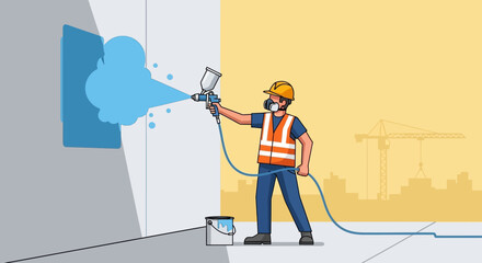 Naklejka premium Construction Worker Spray Painting Wall with Blue Paint.