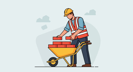 Construction Worker Loading Bricks into Wheelbarrow.