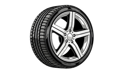 Obraz premium A modern car wheel with a high-performance tire and a silver alloy rim isolated on a white background.
