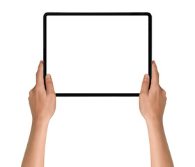Close-up of hands holding modern tablet with blank screen isolated on transparent PNG.