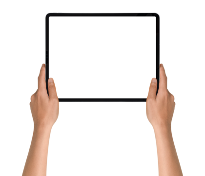 Close-up of hands holding modern tablet with blank screen isolated on transparent PNG.