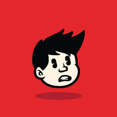 Cartoon boy face with spiky hair and confident smile. Bold outline, flat vector style on red background. Perfect for mascot, avatar, sticker, emoji, and branding. EPS vector file