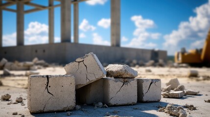 Construction disaster scene with cracked concrete blocks and dusty surroundings
