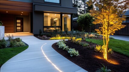 Obraz premium Contemporary front yard path lit with soft, warm lights and modern landscape design
