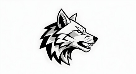 Obraz premium A fierce black and white wolf head mascot logo with bared teeth, depicted in a stylized graphic illustration on a white background.