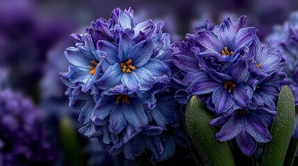 Close-up of purple hyacinth flowers with green leaves in a blurred background.