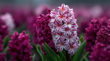 Close up of pink and purple hyacinth flowers in a field.