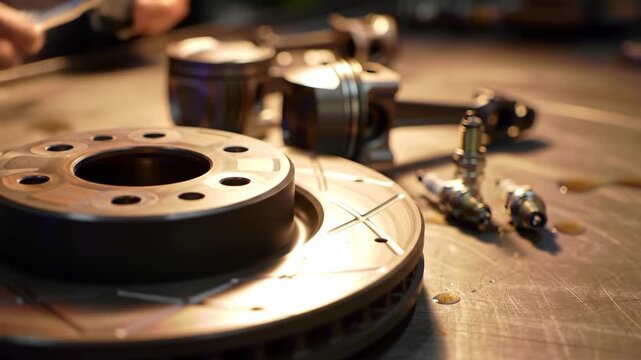 Close-up of Car Parts: Brake Disc, Pistons, Spark Plugs