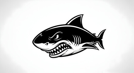 Obraz premium A fierce black and white cartoon shark mascot with sharp teeth and an angry expression on a white background.