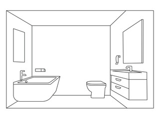 Modern bathroom interior vector illustration in black and white line style. Minimalist architectural drawing showcasing luxury hygiene, furniture, plumbing, and stylish clean home decor.