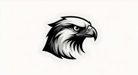 Obraz premium A fierce eagle head mascot illustrated in a bold black and white graphic style on a plain background.