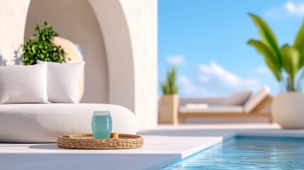 Fototapeta premium Cozy poolside lounging area in a luxurious home under vivid blue sky, perfect summer scene