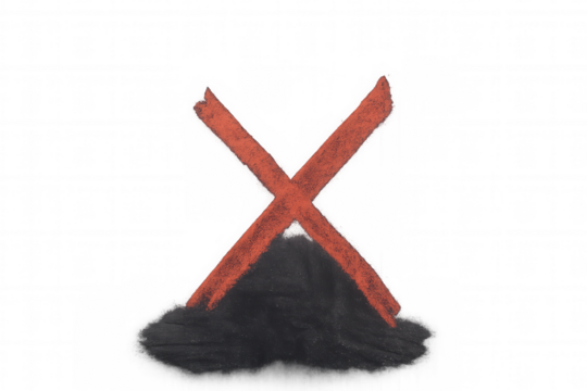 Red chalk x mark with black erasure on a transparent background symbolizing rejection and error