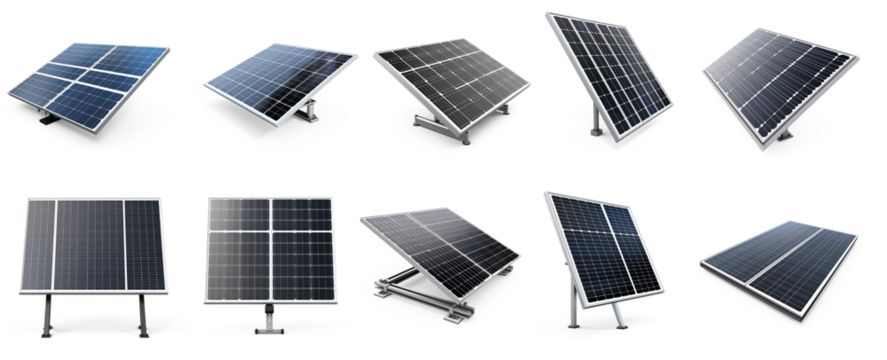 Various solar panels in different orientations and positions.