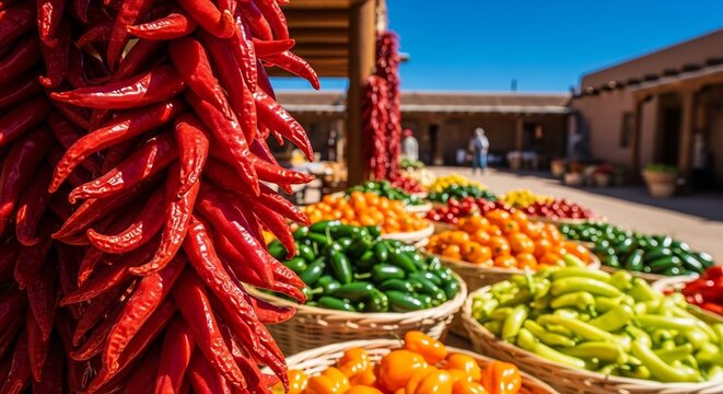 Southwestern market with colorful chile ristras and baskets of peppers. Perfect for food blogs, travel brochures, and promoting New Mexico cuisine and culture.