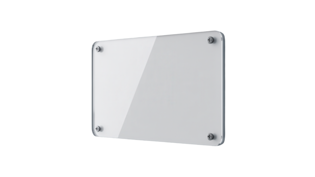 Clean white square panel with rounded corners secured by four silver screws against a solid black background