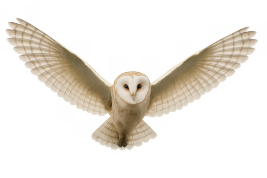 Barn owl flying wings spread transparent background