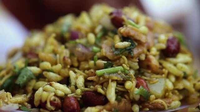 Spicy Indian snack Bhel puri. Quick Indian street food.