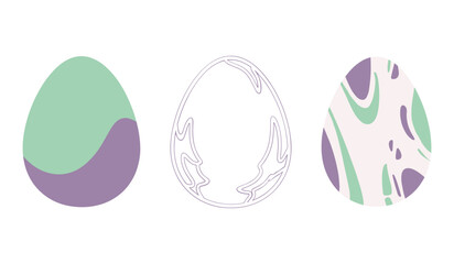 A set of three abstract Easter eggs in pastel colors with different patterns purple green