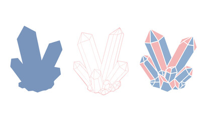A set of three crystal cluster illustrations in blue pink and outline styles mineral quartz