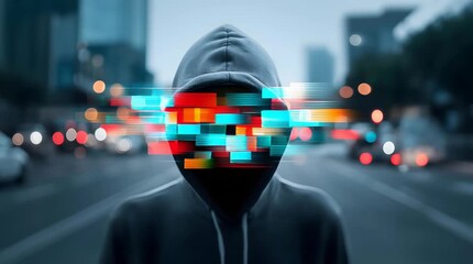 Anonymous hacker hooded figure silhouette cyberpunk night street, digital mask and cyber security tension with neon bokeh, abstract city glitch - Powered by Adobe