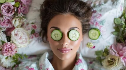 Radiant Beauty: A woman rejuvenates with cucumber slices on her eyes, surrounded by a floral arrangement, representing peace and wellness.