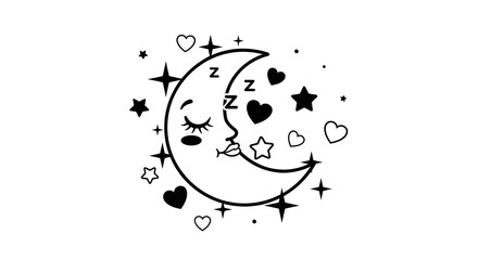 Whimsical sleeping moon surrounded by stars and hearts, representing peaceful dreams and nighttime.