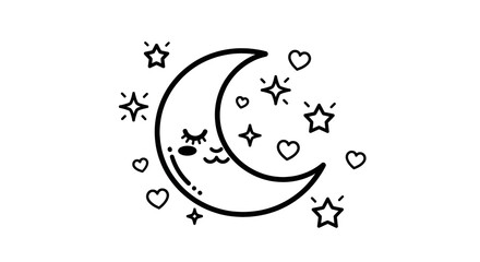 Fototapeta premium Whimsical crescent moon with closed eyes surrounded by stars and hearts, evoking a sense of peaceful sleep and dreams.