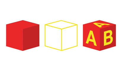 A set of three isometric cubes one solid red one outlined in yellow and one red with yellow letters A and B block