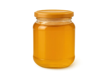 Honey jar with golden liquid and yellow lid