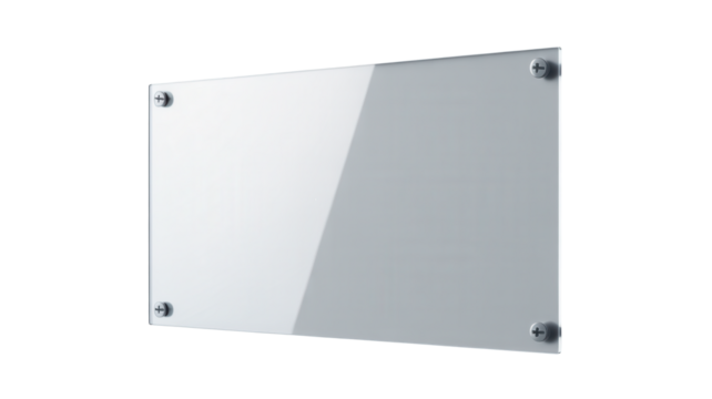Blank clear acrylic sign panel mounted with four dark metal screws 