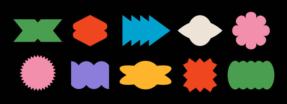 Colorful abstract sticker shape collection. Retro pop art border element set. Bright groovy geometric frame pack for patch, badge, tag, label, banner, poster, sticker. Vector various ticket bundle