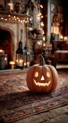 Obraz premium Whimsical autumn glow: halloween pumpkin with fairy lights. High-end fashion. A cheerful pumpkin illuminated by gentle fairy lights on a fireplace. Opulent look. Lavish clothing.