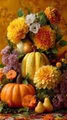 Vibrant seasonal decor celebrating fall's abundance. Daily life. Seasonal harvest featuring flowers, fruits, and festive leaves. Everyday scene. Photojournalism.