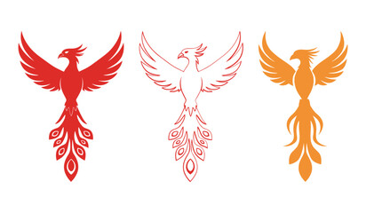 A set of three stylized phoenix bird emblems in red and orange on white background mythical creature legend
