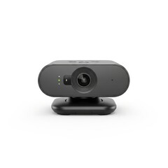 A sleek dark grey video recording unit featuring a prominent lens green status indicators and a small circular sensor positioned on a layered base