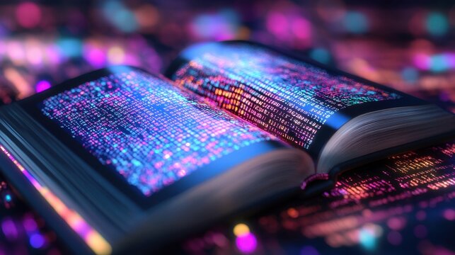E-reader interface glowing, behind it a digital river of streaming binary codes