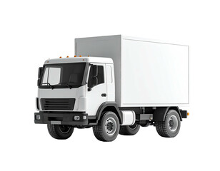 A white delivery truck with a boxy cargo area, isolated on a black background