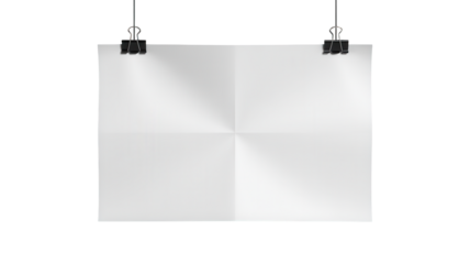 Blank white paper sheet folded in half horizontally and vertically held by two black clips 